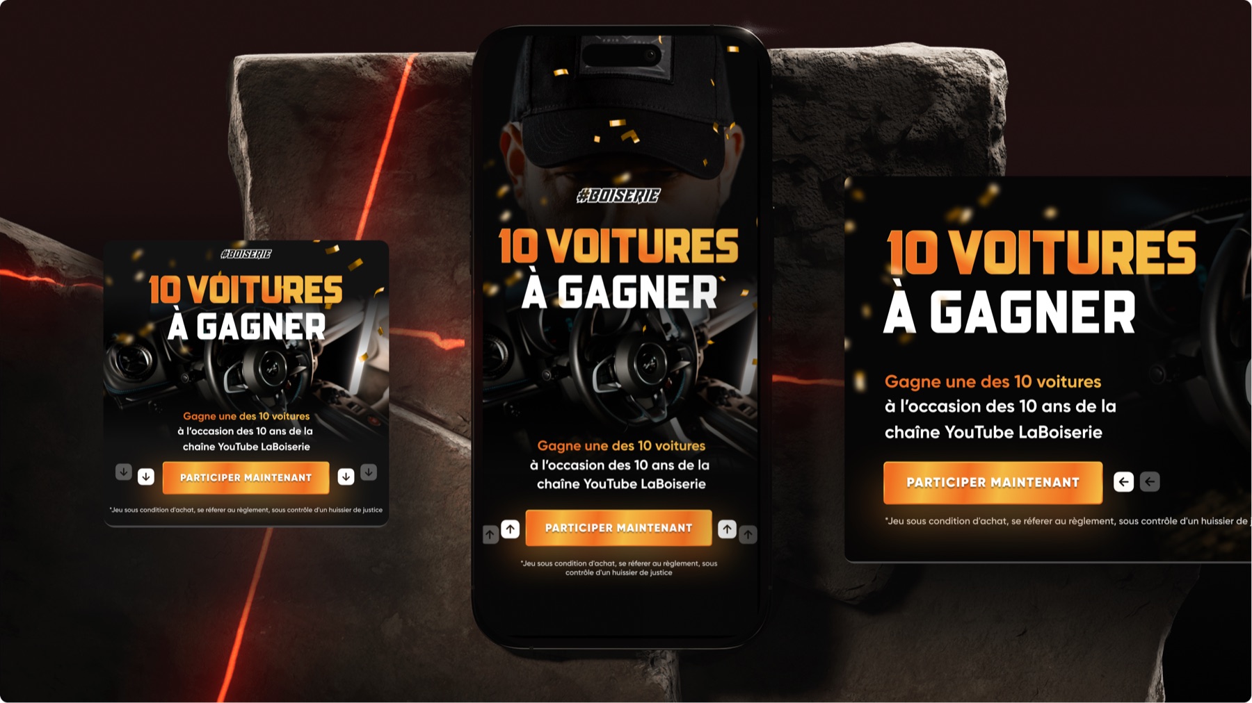 Three mobile screens of the 10 cars contest landing page