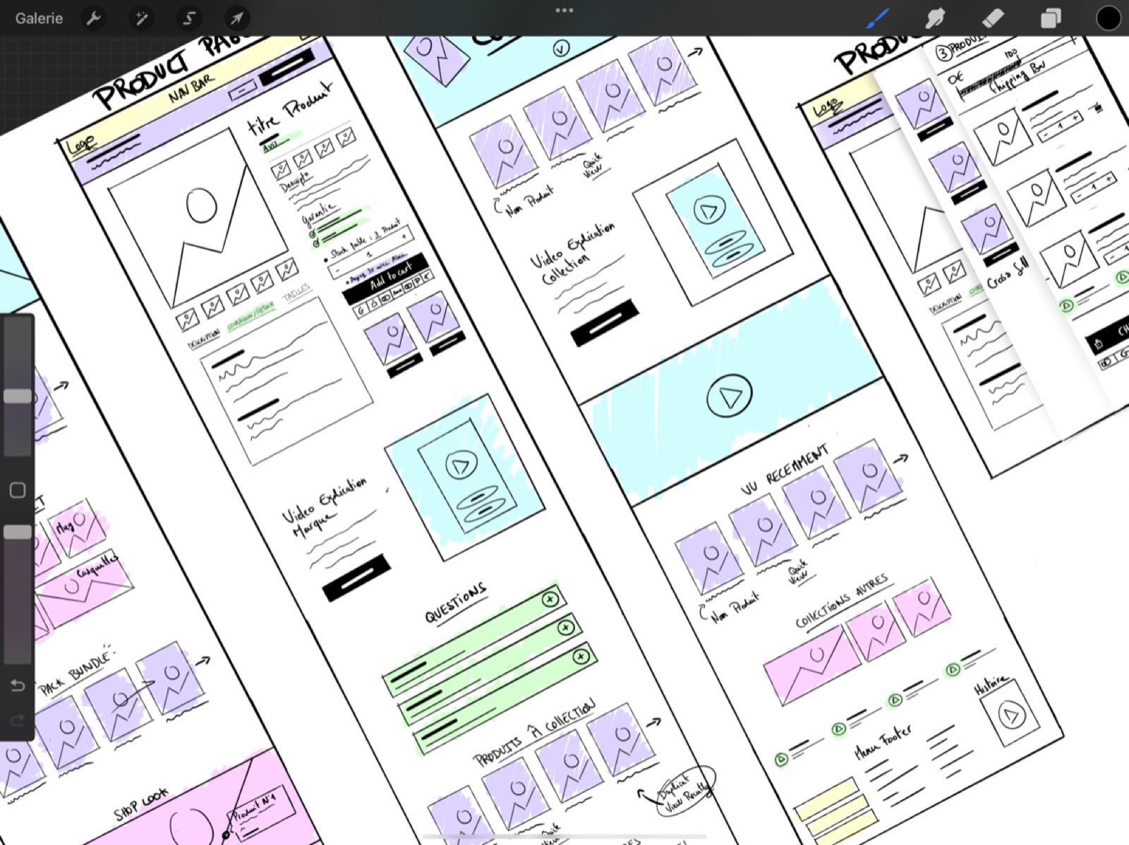 Hand-drawn wireframes of a product page on paper